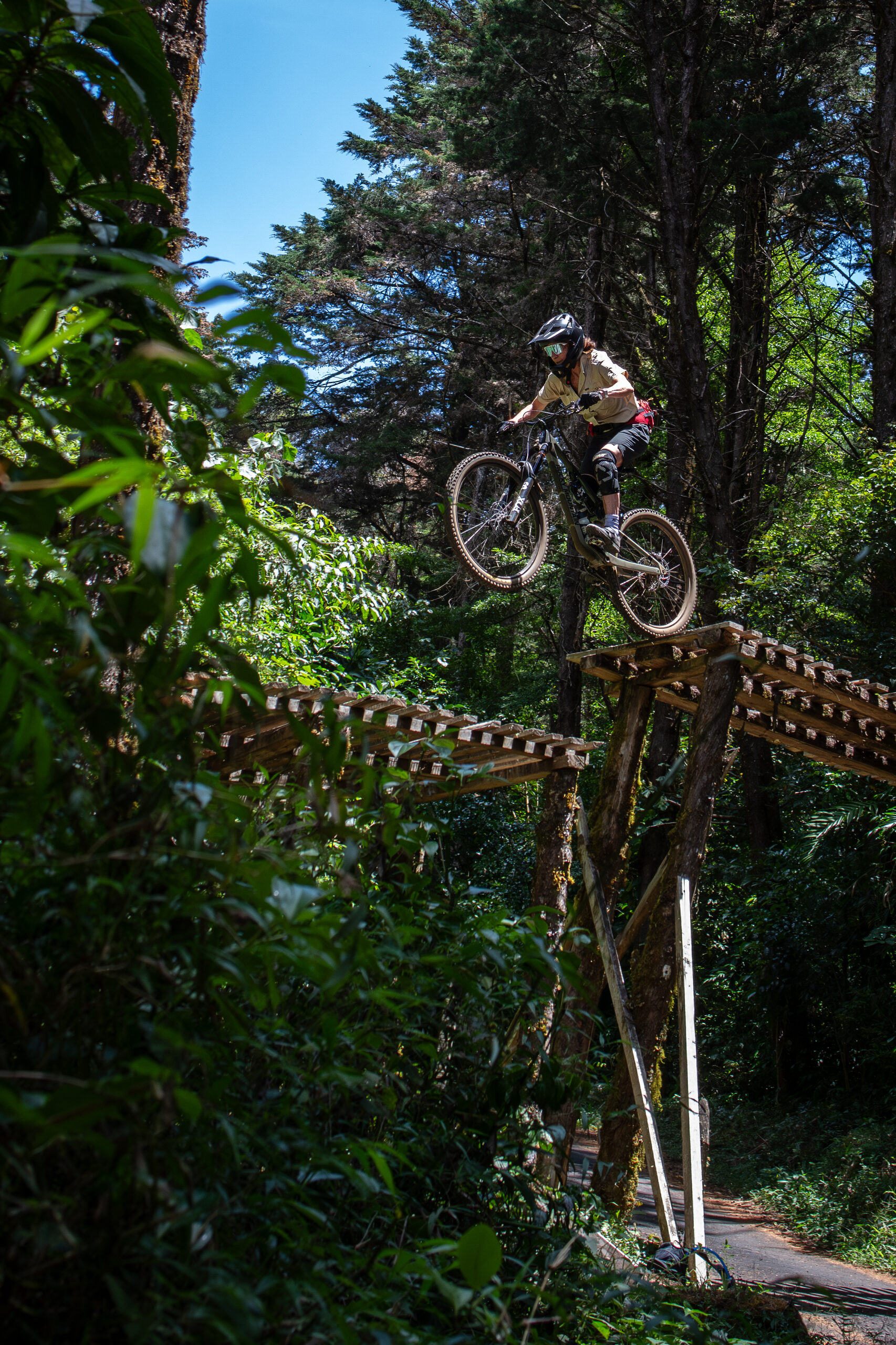 Riding a wooden bridge through the jungle