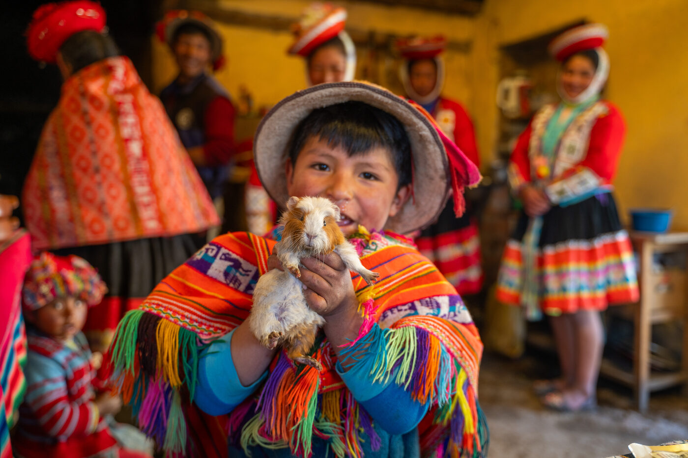 A local Andean family in traditional dress