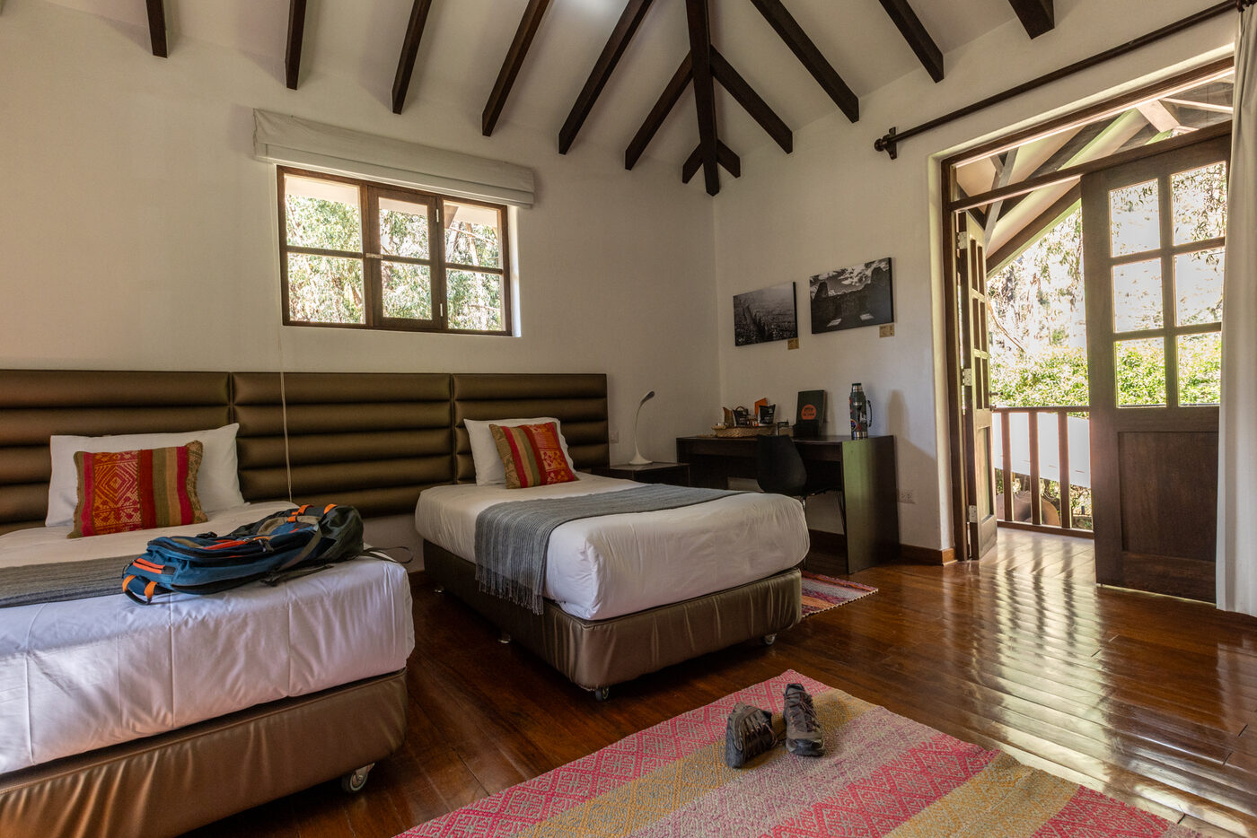 Comfortable lodge room with bikes stored inside