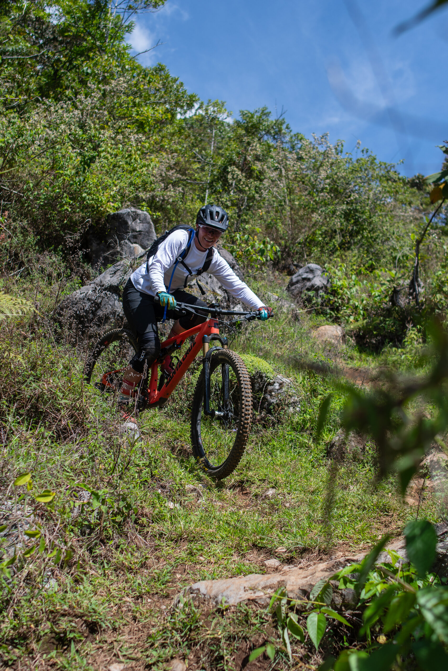 Rocky descent under blue skies