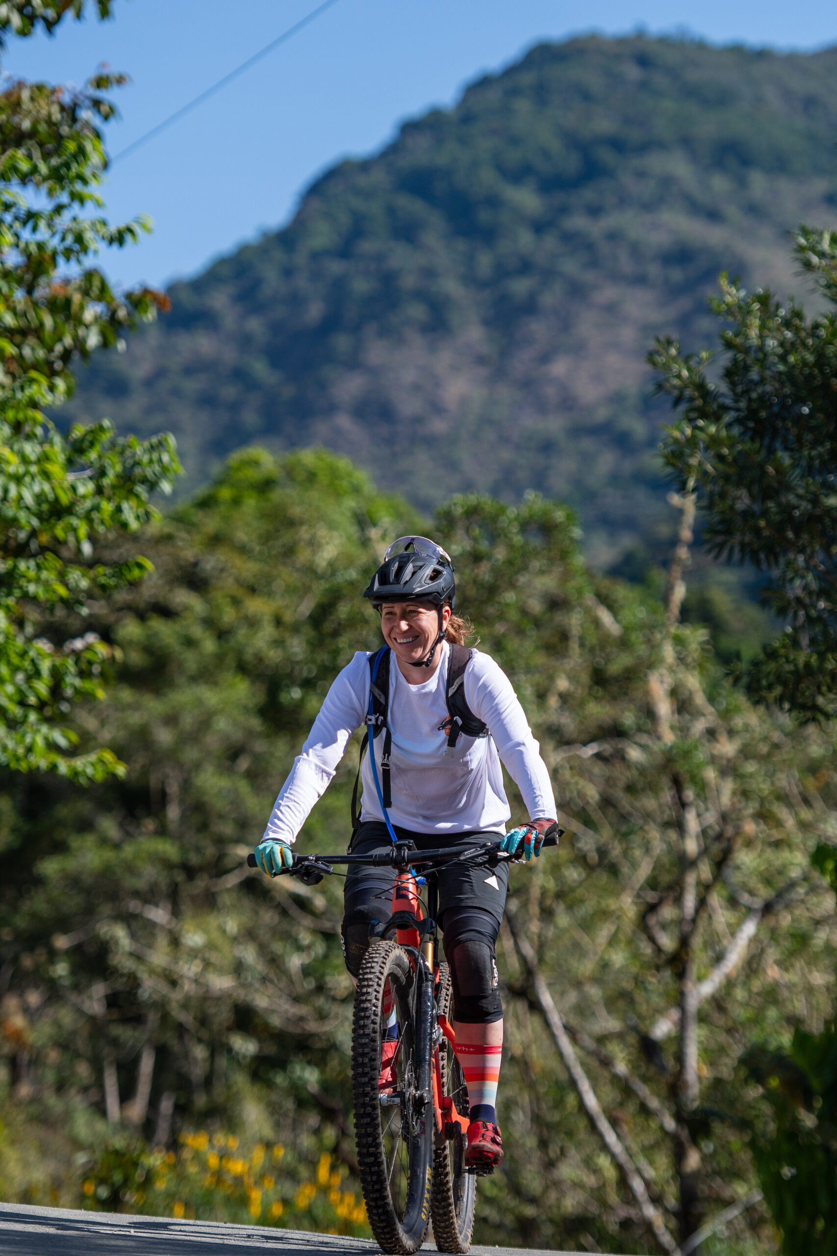 Climbing with a mountain backdrop
